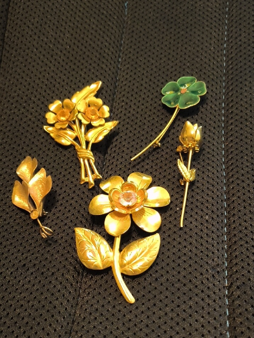Gold Floral Brooch Collection with Green Accent - Women Jewelry